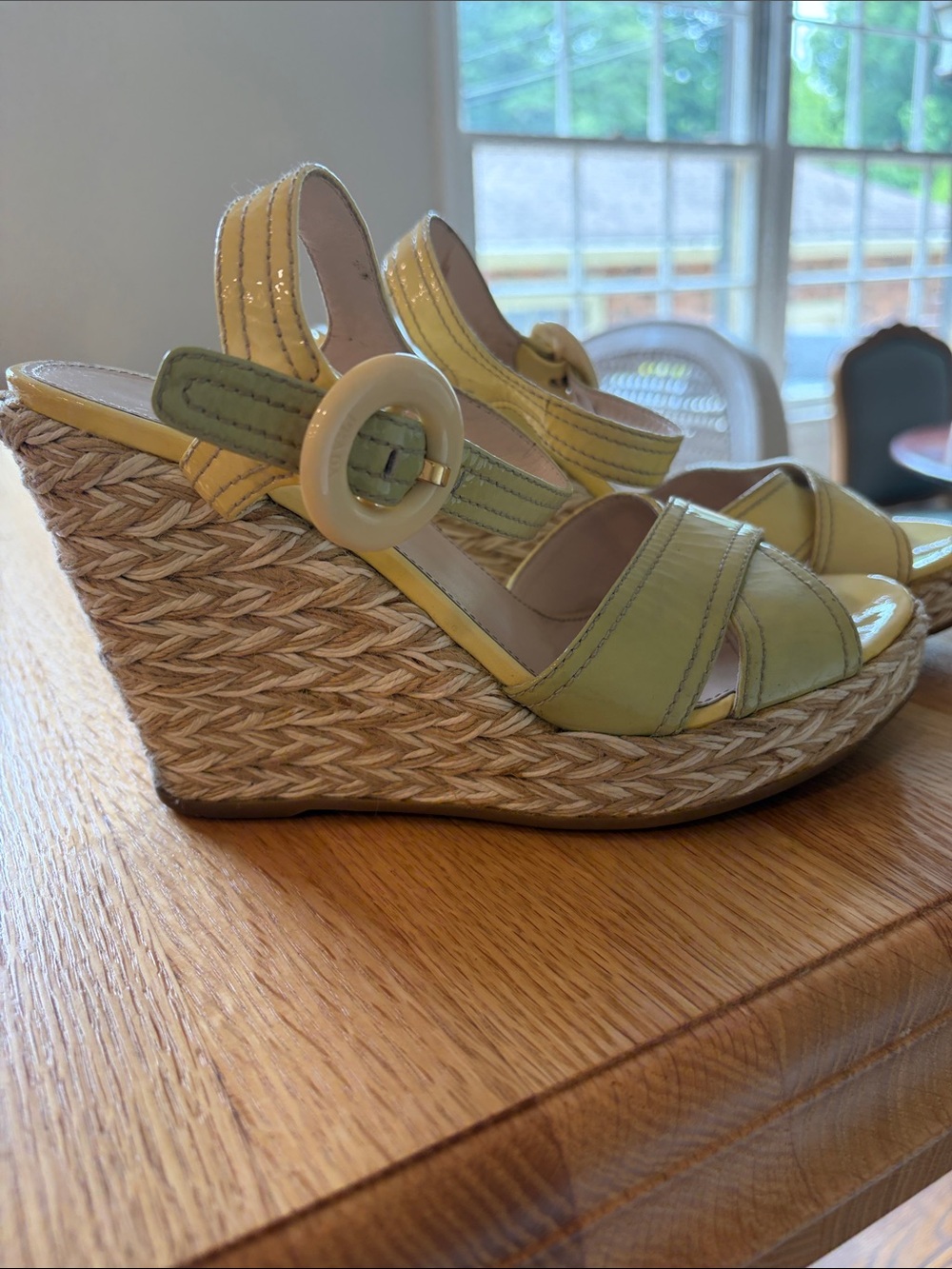 Prada Yellow-Green Espadrille Wedge Sandals with Round Buckle 8 1/2